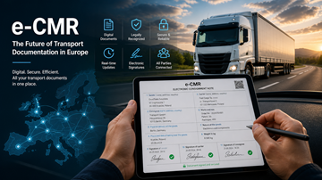 Sjåfør som bruker nettbrett med digitalt CMR-dokument mens lastebiltransport pågår i Europa, som representerer moderne digitalisering i logistikk